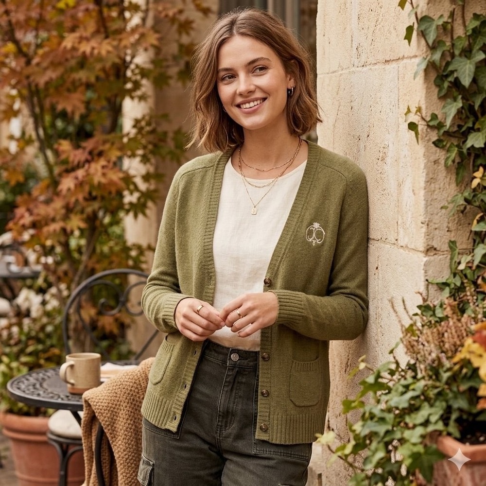 Vintage Juicy Couture XL Cashmere Merino Wool Cardigan Olive Green Y2K Crest